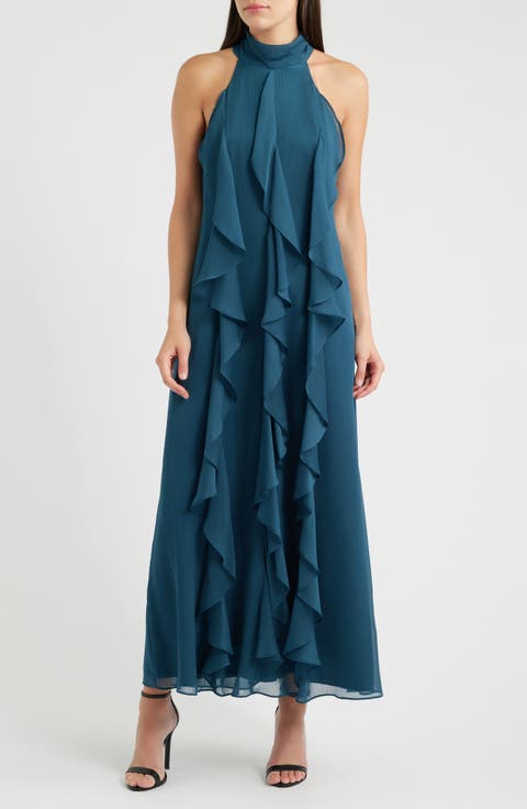 Cascade Ruffle Halter Gown