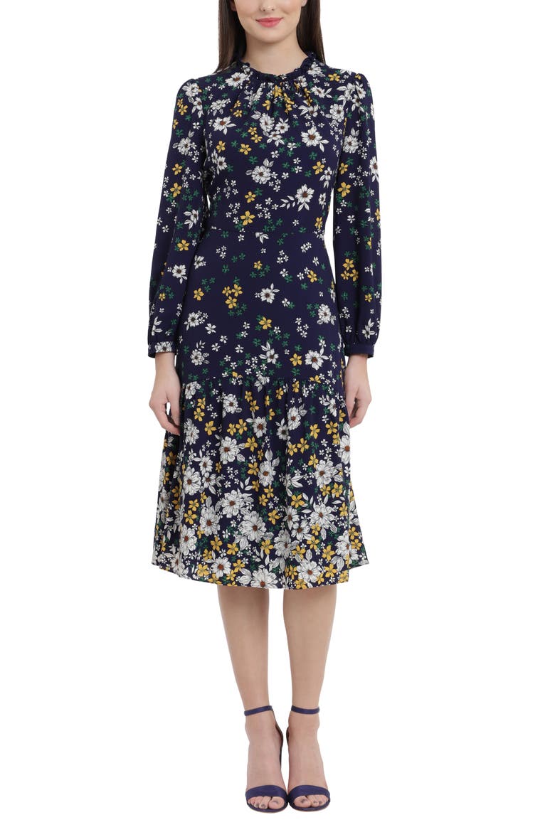 Floral Ruffle Neck Long Sleeve Midi Dress, Main, color, NAVY/ SUNLIGHT YELLOW