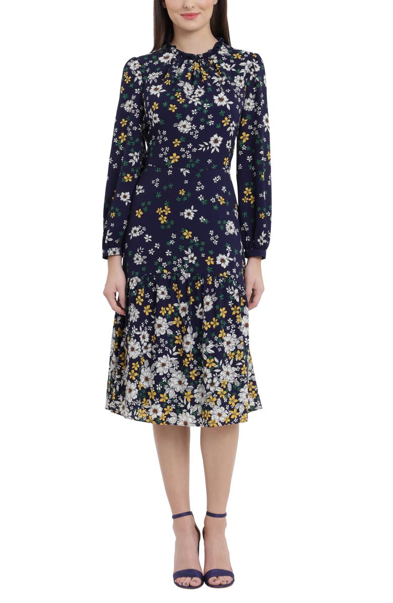 Maggy London Floral Ruffle Neck Long Sleeve Midi Dress, Main, color, 