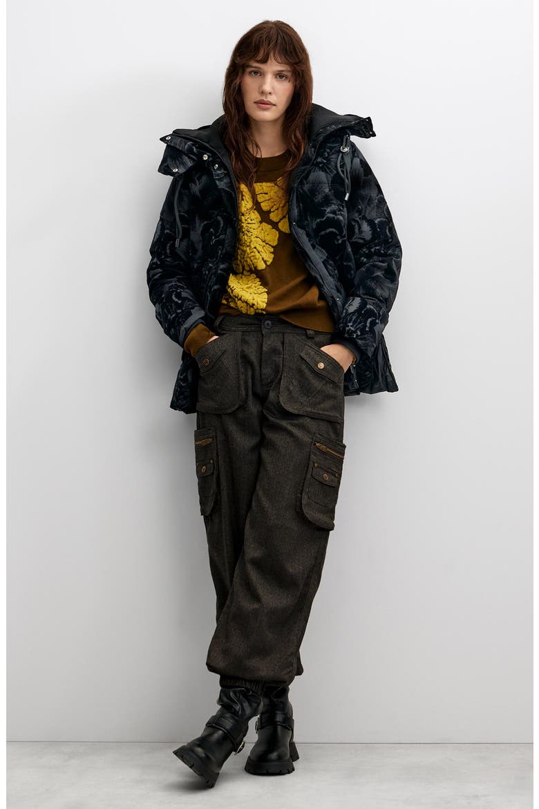 Floral Quilted Puffer Coat, Alternate, color, BLACK