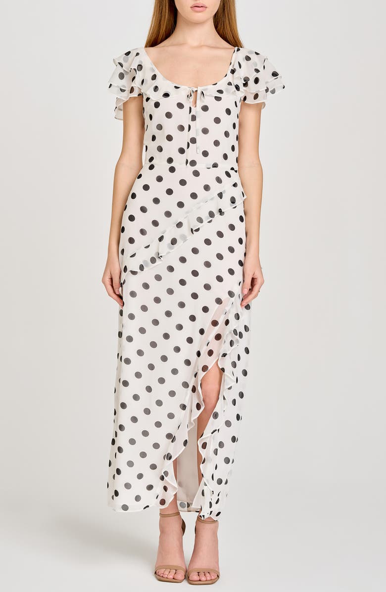 WAYF Violetta Polka Dot Ruffle Sleeve Dress, Main, color, Ivory Polka Dot