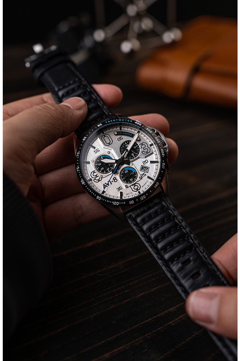 P-51 Mustang Blakeslee Chronograph Leather Strap Watch, 43mm, Alternate, color, WHITE