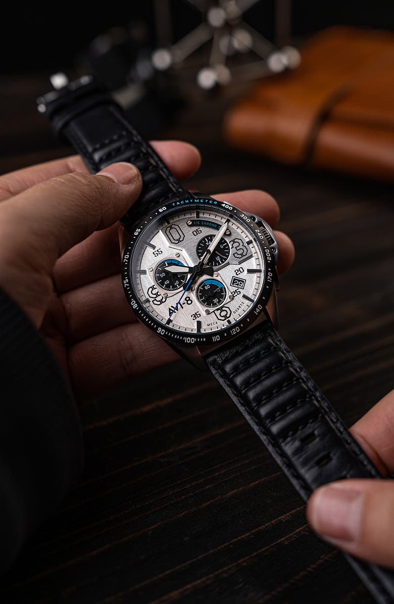 AVI-8 P-51 Mustang Blakeslee Chronograph Leather Strap Watch, 43mm, Alternate, color, White