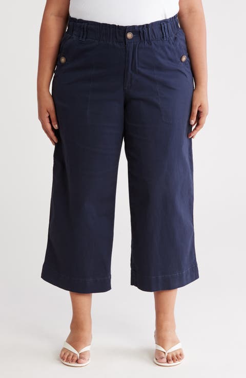 Button Pocket Crop Wide Leg Pants (Plus)