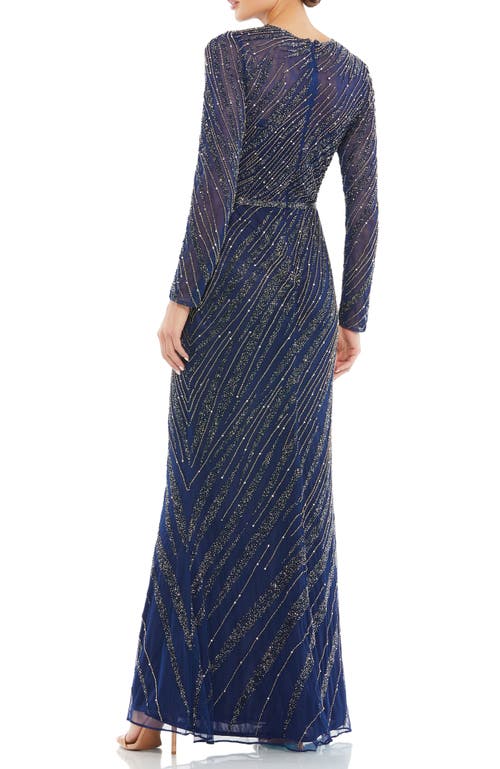 Mac Duggal Beaded Long Sleeve Column Gown In Midnight