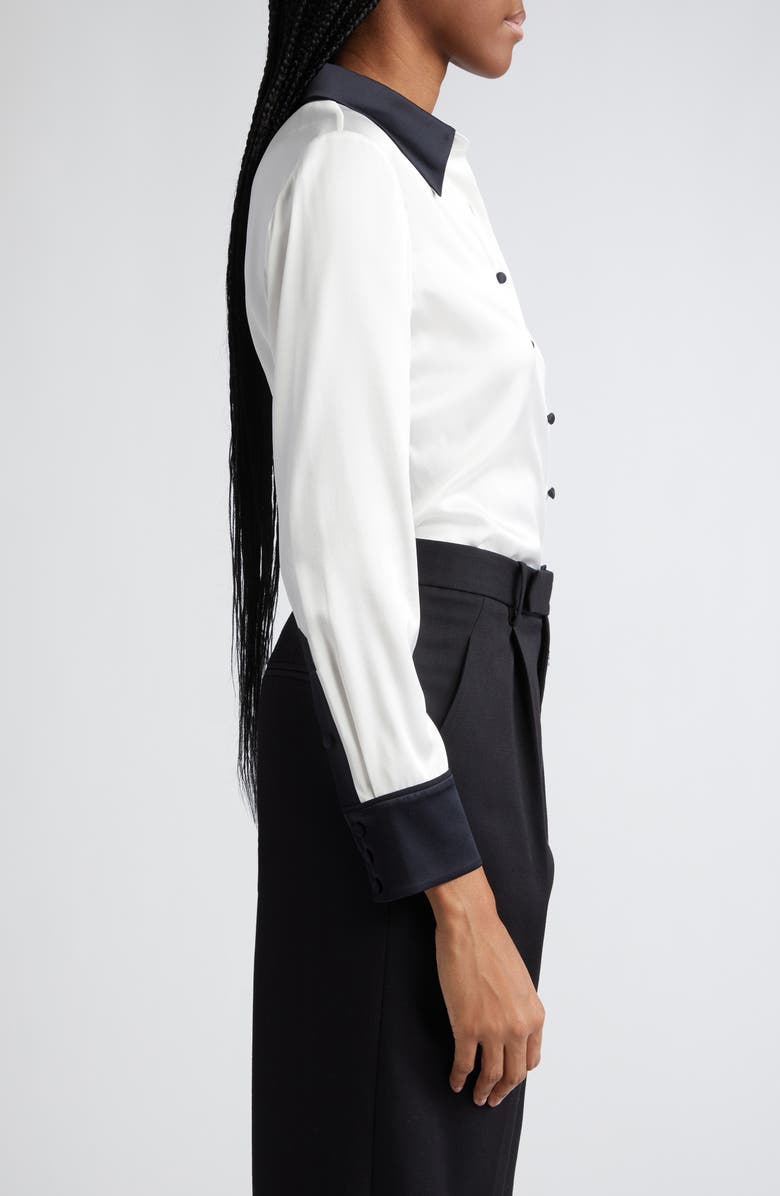 Alice + Olivia Willa Contrast Trim Stretch Silk Button-Up Shirt, Alternate, color, 