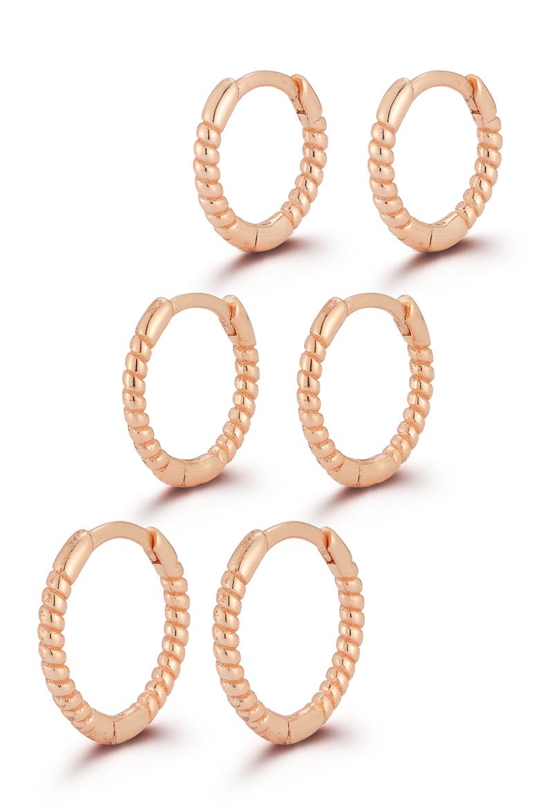 Set of 3 Twist Huggie Hoop Earrings, Main, color, ROSE GOLD