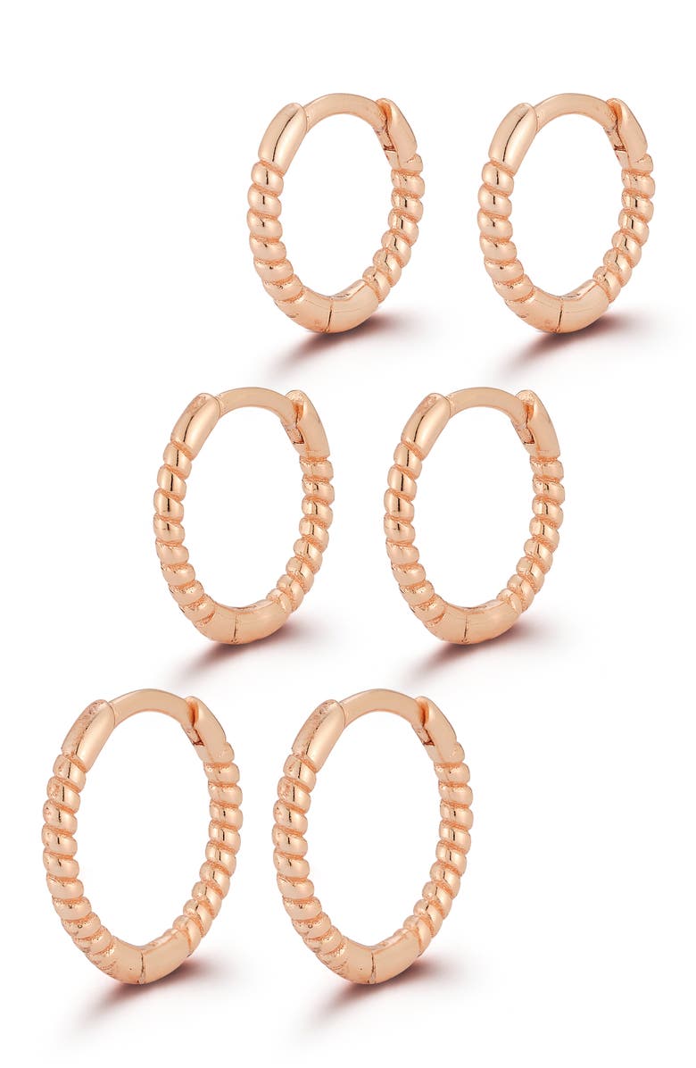 GLAZE JEWELRY Set of 3 Twist Huggie Hoop Earrings, Main, color, Rose Gold