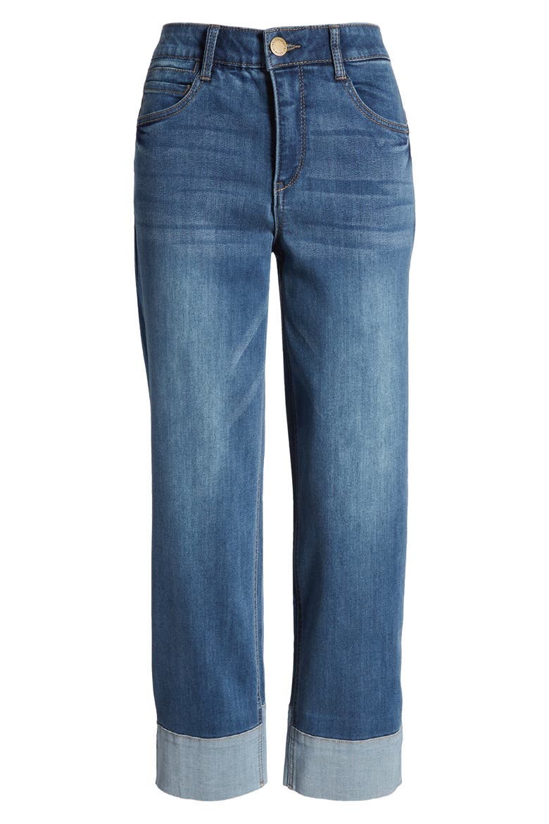 'Ab'Solution Tacked Cuff High Waist Boyfriend Jeans, Alternate, color, MID BLUE