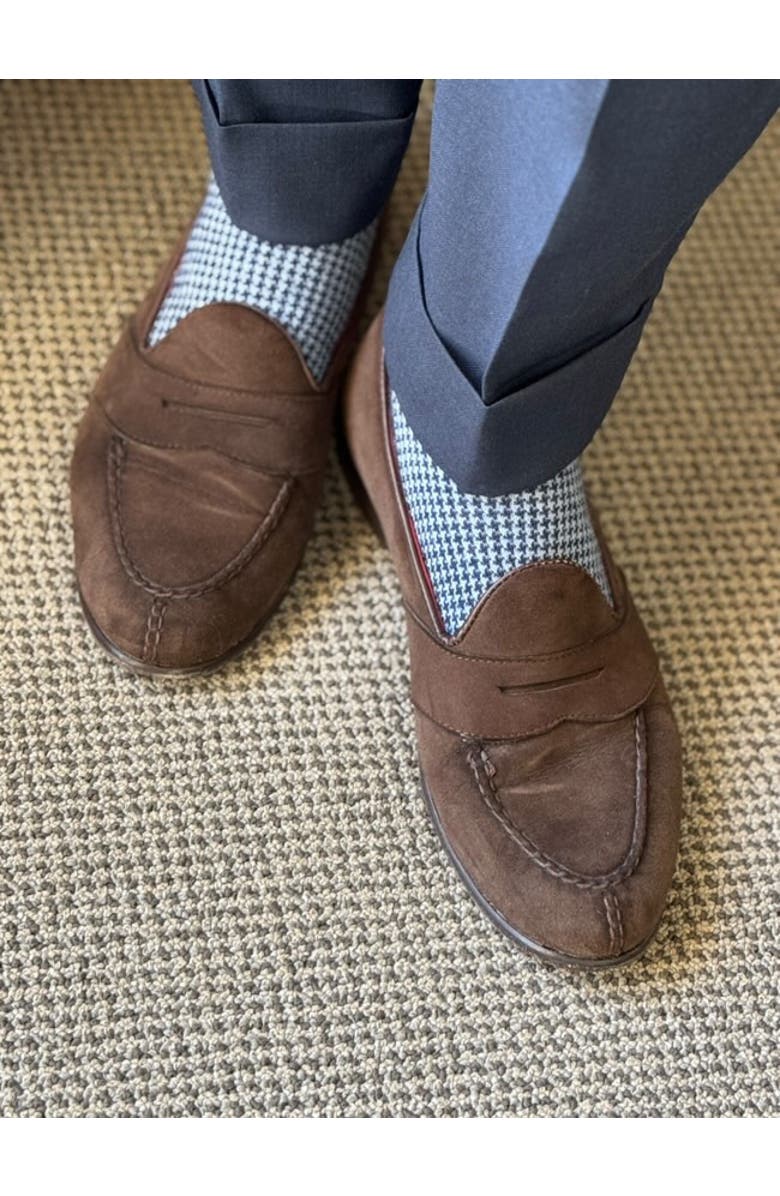 Trafalgar Charlie Over The Calf Houndstooth Merino Wool Socks, Alternate, color, Navy And Light Blue