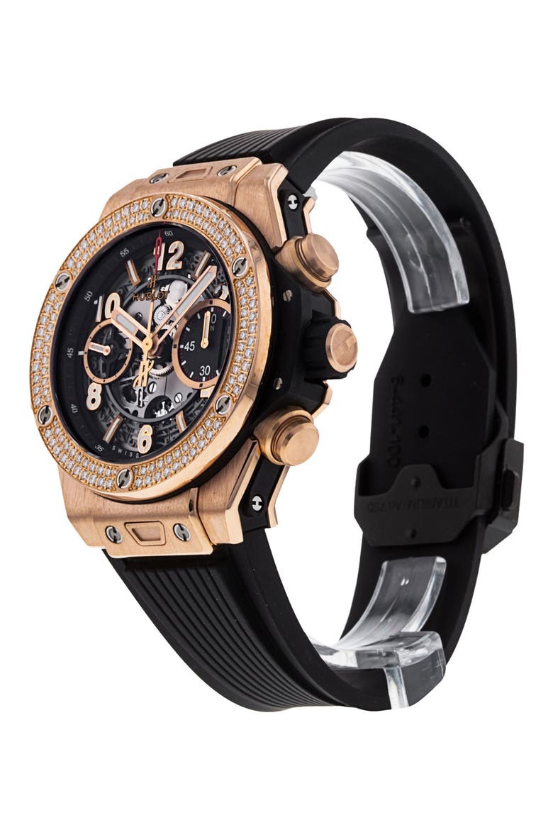 Hublot Preowned Big Bang Diamond Chronograph Rubber Strap Watch, 42mm, Alternate, color, BLACK/GREY