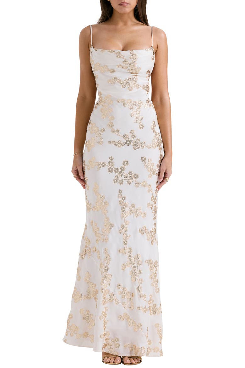 Caprina Embroidered Floral Trumpet Gown, Main, color, WHITE GOLD