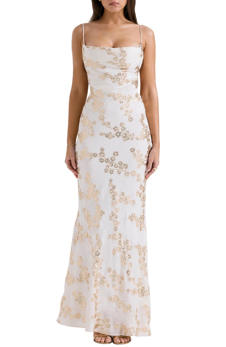HOUSE OF CB Caprina Embroidered Floral Trumpet Gown, Main, color, White Gold