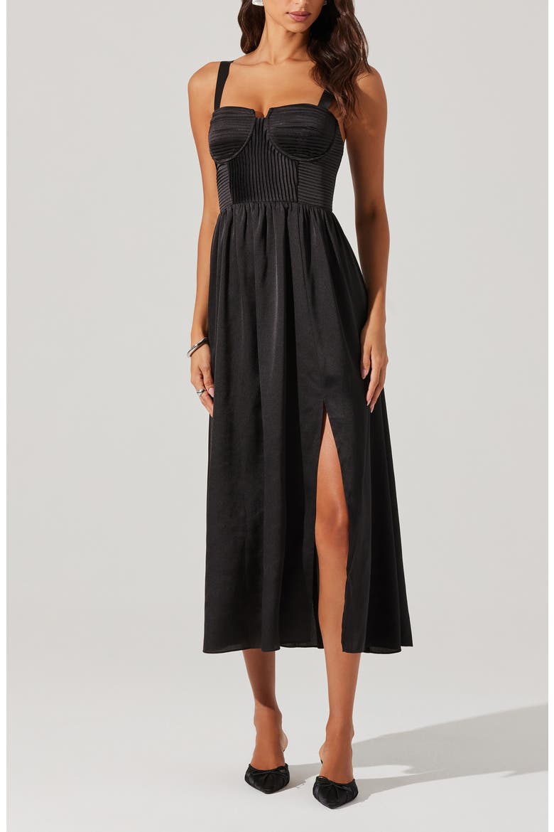 Pleated Bustier Midi Dress, Alternate, color, BLACK