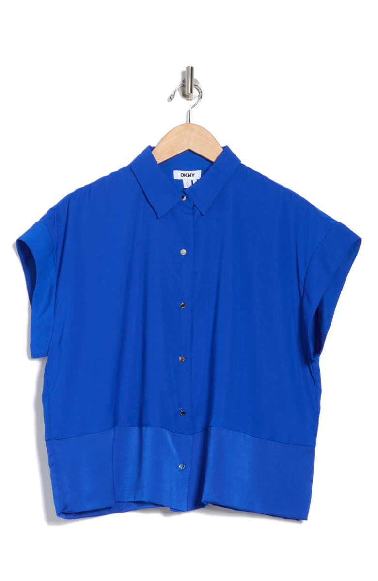 DKNY Short Sleeve Satin Button-Up Shirt, Alternate, color, Atlantic B