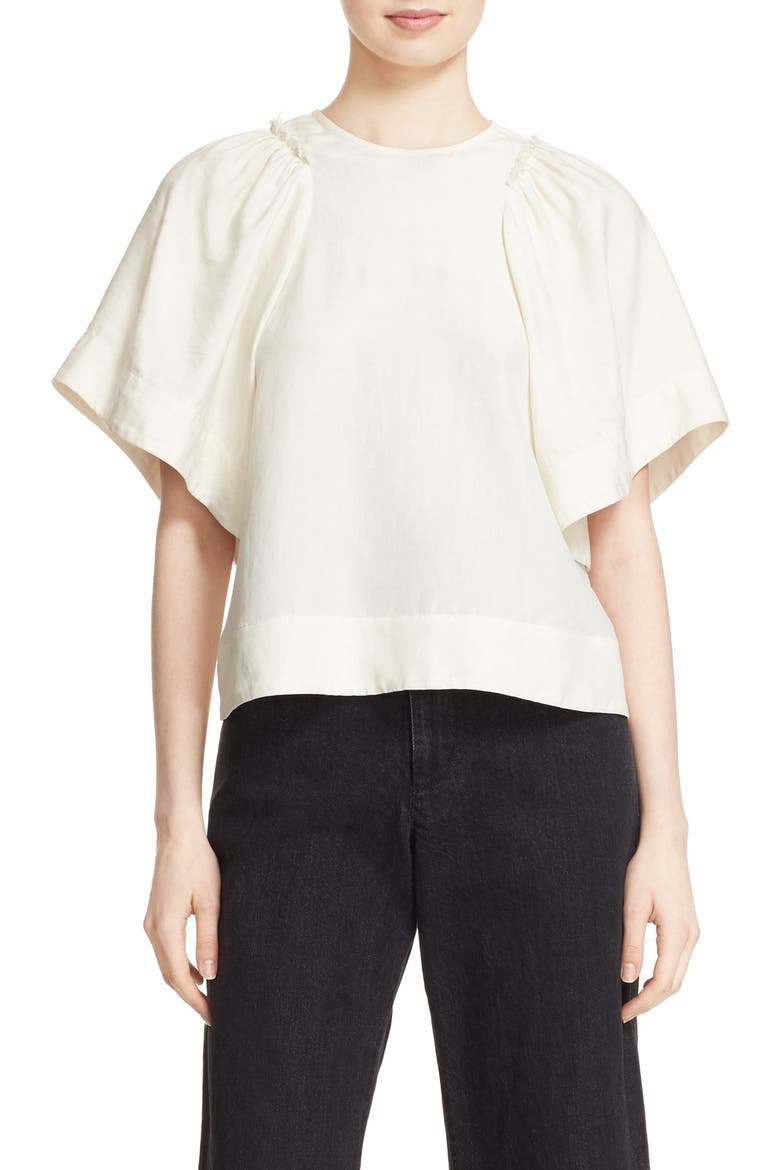 'Ravine' Bell Sleeve Silk & Linen Top, Main, color, WHITE