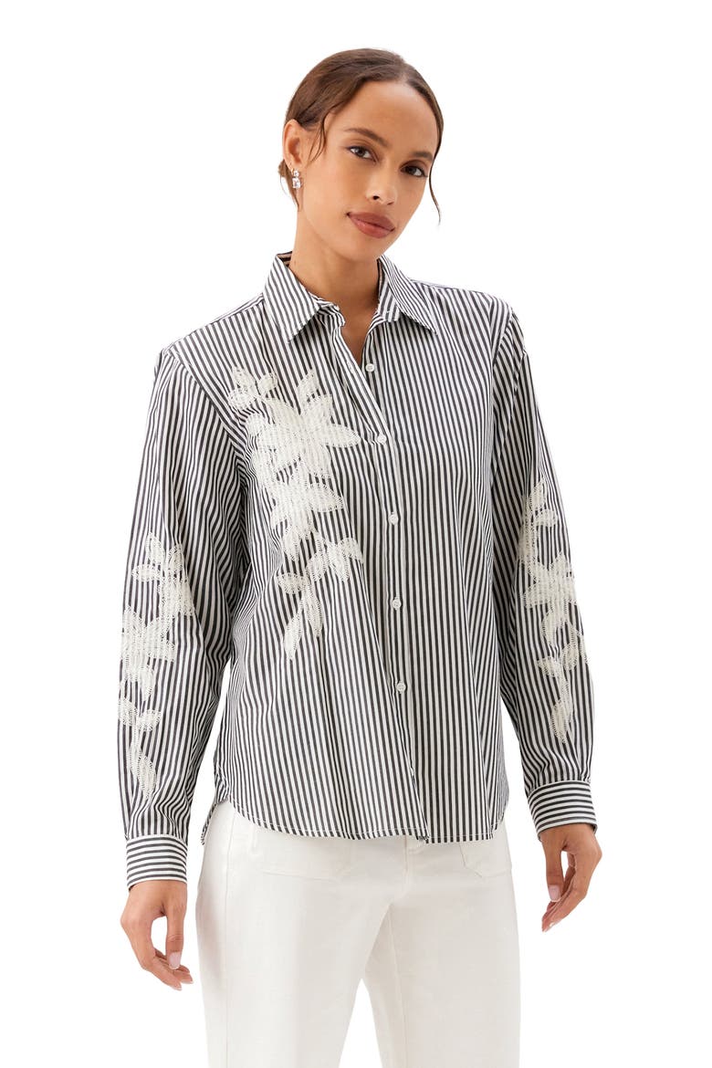 Stripe Embroidered Cotton Blend Button-Up Shirt, Alternate, color, BLACK W/ OFF WHITE