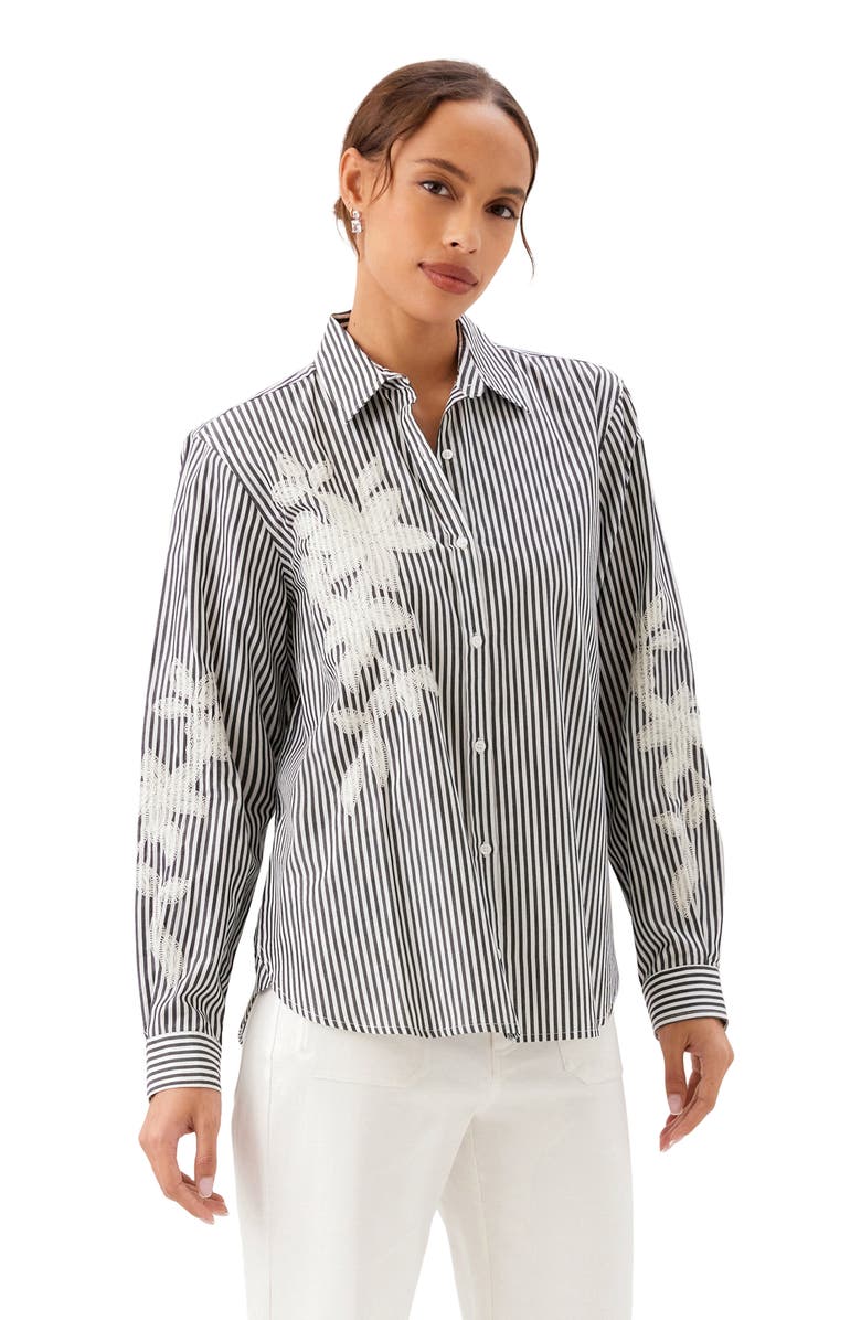 Karen Kane Stripe Embroidered Cotton Blend Button-Up Shirt, Alternate, color, Black W/ Off White