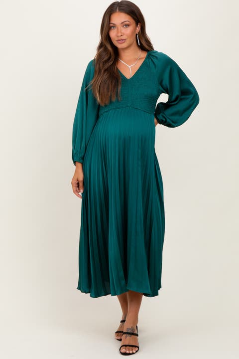 Satin Smocked Pleated Midi Dress