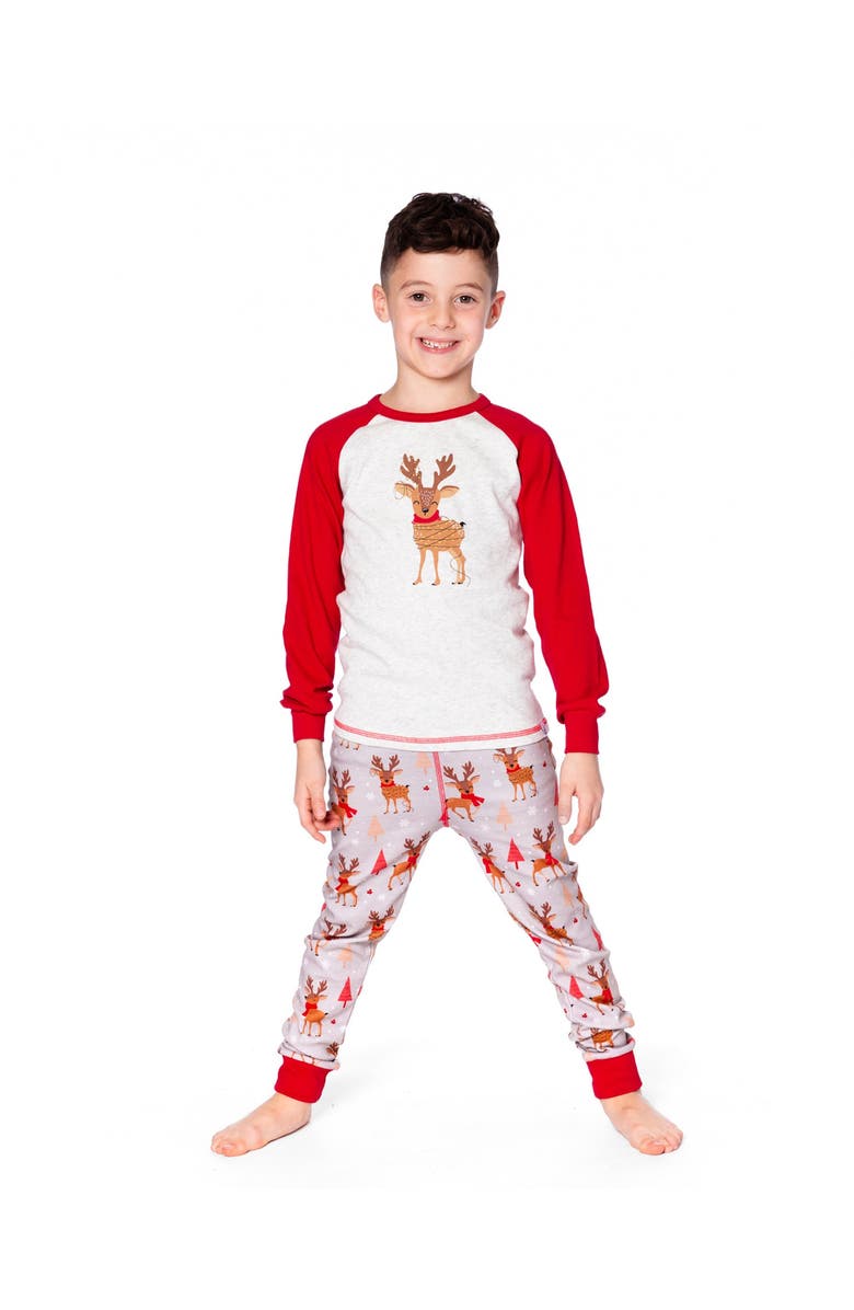 Deux par Deux Two-Piece Organic Cotton Pajama Set Reindeer, Main, color, Beige