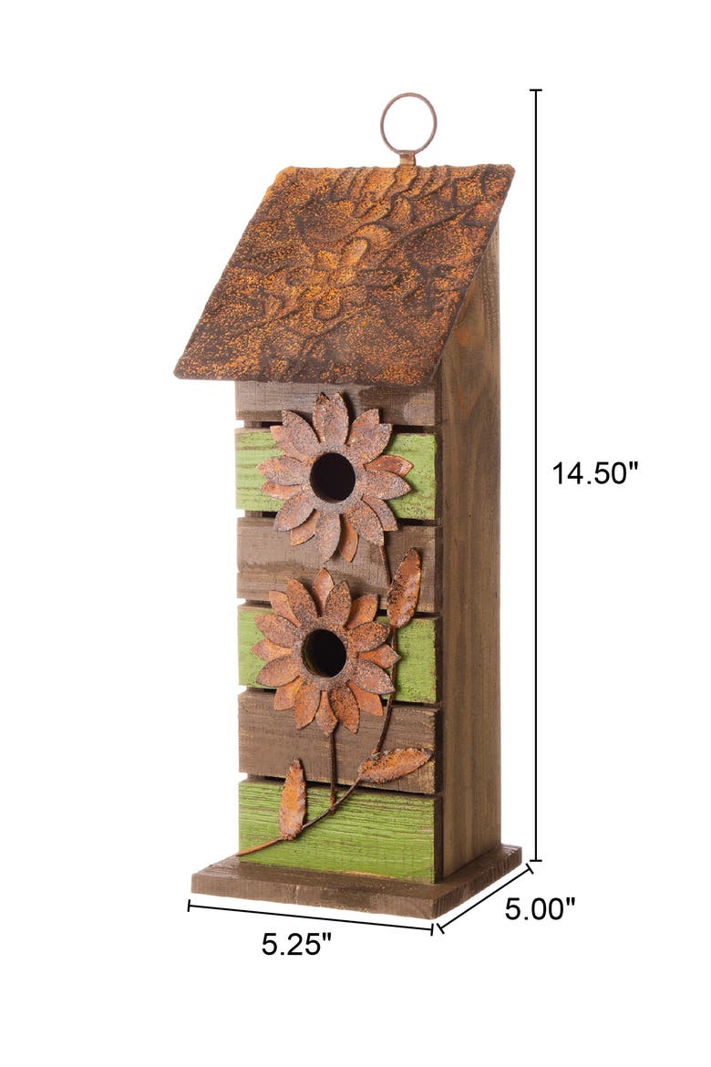 14.5"H Two-Tiered Distressed Solid Wood Birdhouse With Flowers, Alternate, color, Green