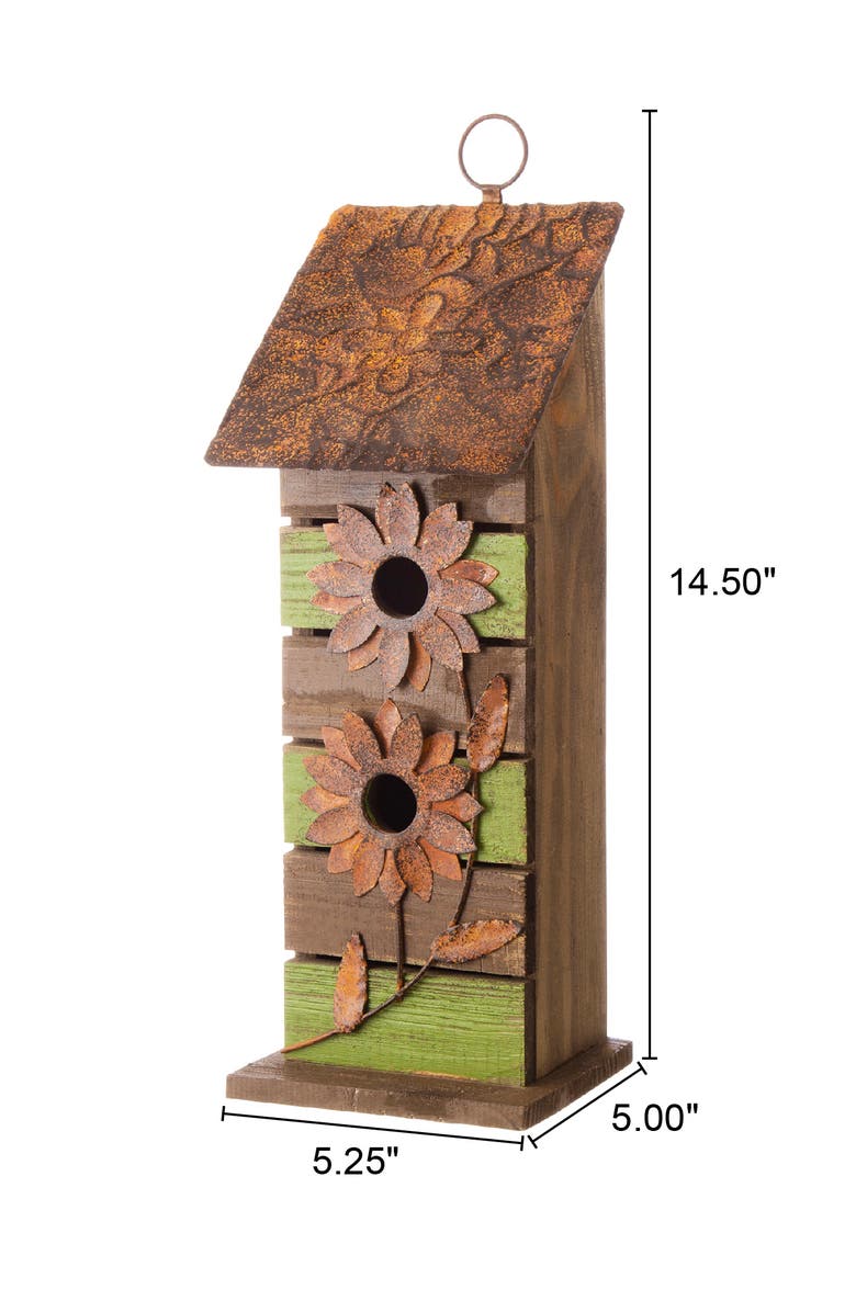 Glitzhome 14.5"H Two-Tiered Distressed Solid Wood Birdhouse With Flowers, Alternate, color, Green