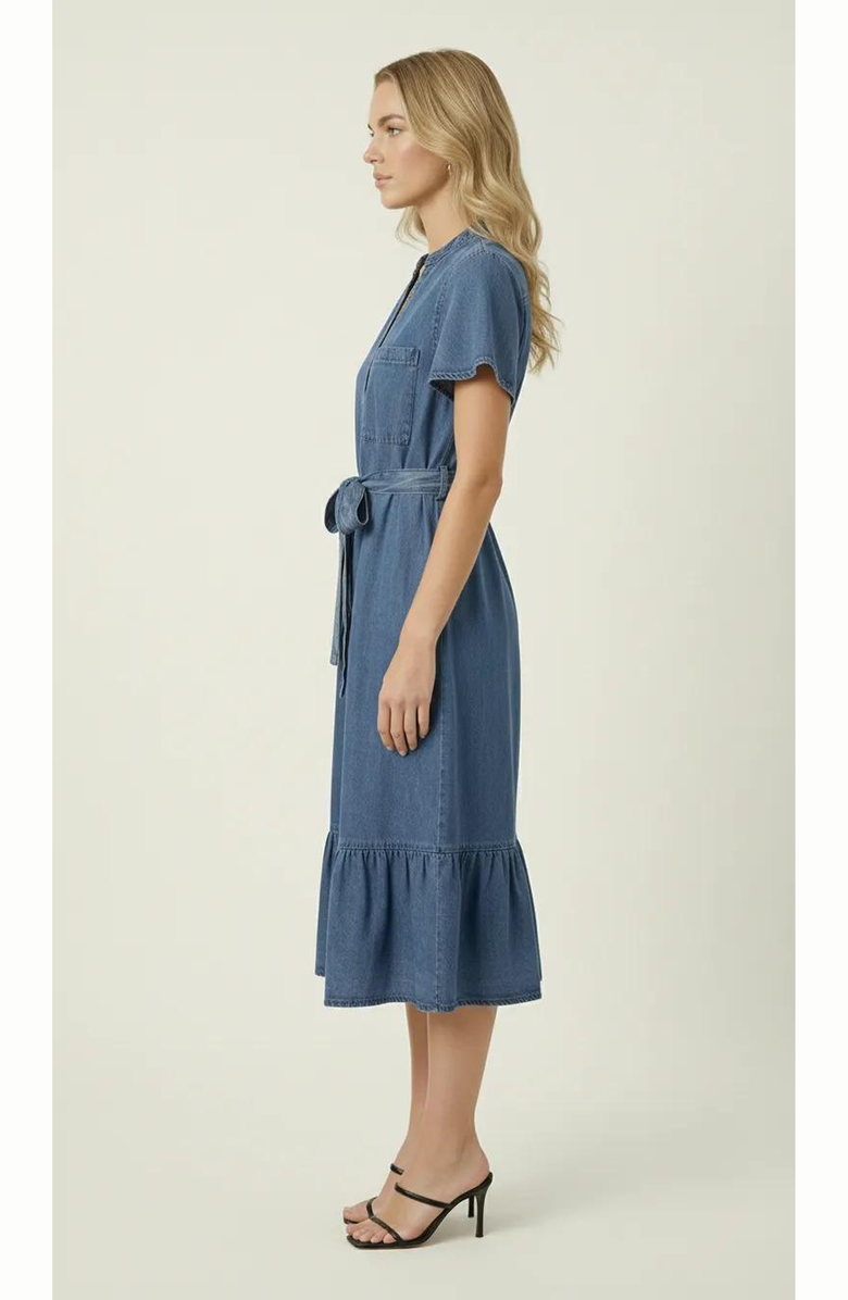 Modenaire Belted Denim Ruffle Hem Dress, Alternate, color, Medium Wash Blue