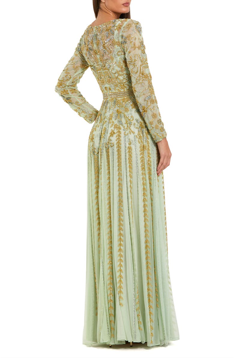 Mac Duggal Beaded Mesh Long Sleeve Scoop Neck A Line Gown, Alternate, color, Light Sage