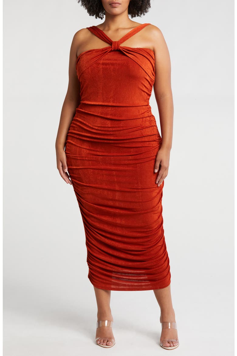 Cross Neck Stretch Body-Con Dress, Main, color, RUST