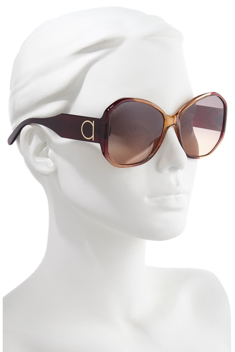 Salvatore Ferragamo Gancio 61mm Butterfly Sunglasses, Alternate, color, WINE CARAMEL