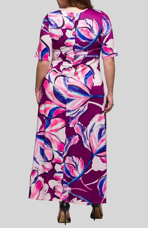 24seven Comfort Apparel Plus Size Print Elbow Sleeve Casual A-line Maxi Dress In Multi