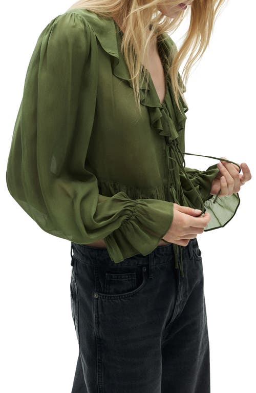 Mango Ruffle Long Sleeve Top In Khaki Green