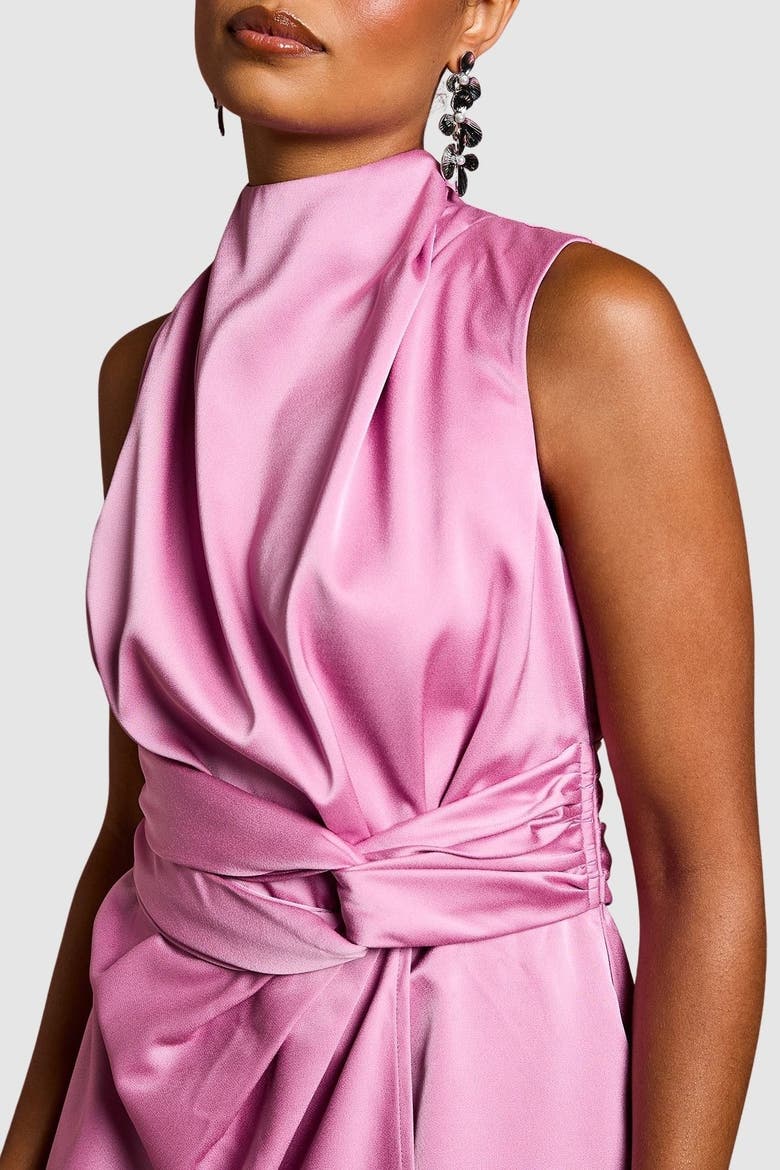 Petite Satin Twist Waist Midi Dress, Alternate, color, Pink