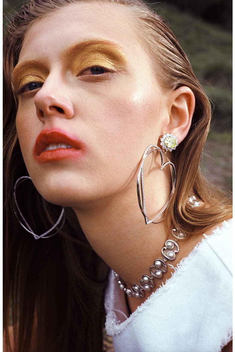Locked Heart Hoop Earrings, Alternate, color, RHODIUM PLATED BRASS