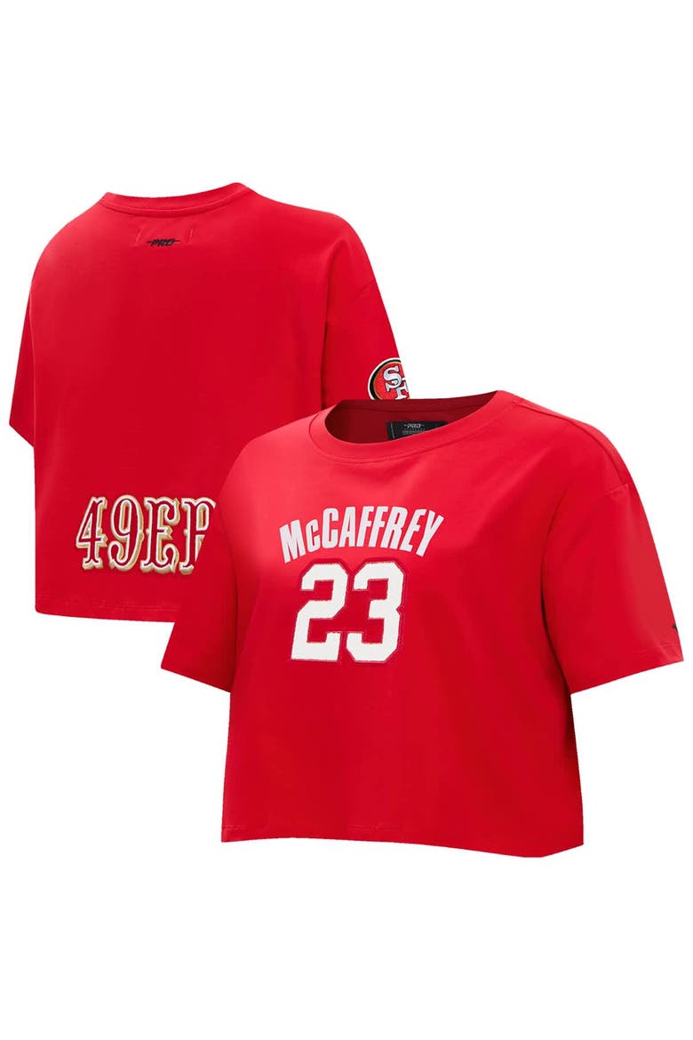 Women's Pro Standard Christian McCaffrey Scarlet San Francisco 49ers Player Name & Number Cropped Boxy T-Shirt, Main, color, Scarlet
