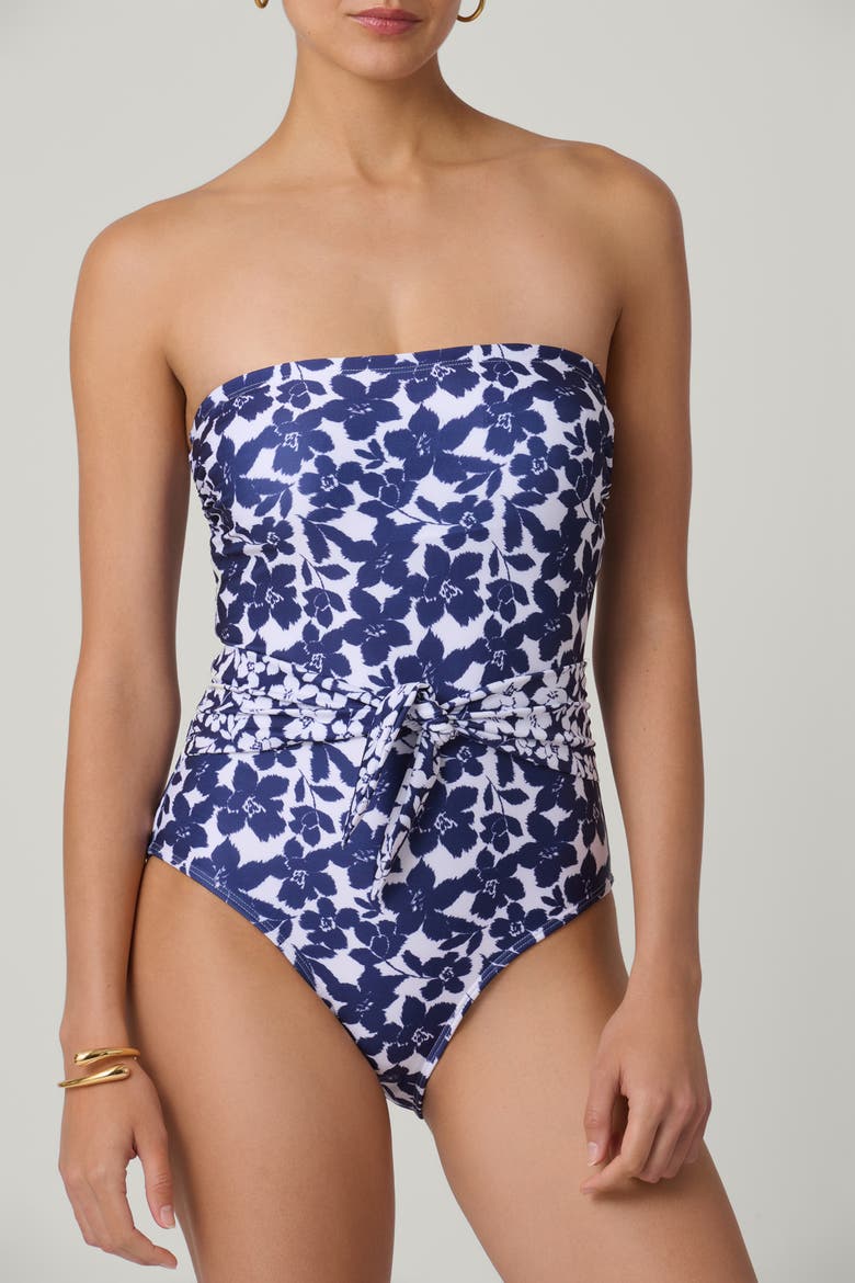 Stencil Floral Tie Belt Classic One-Piece, Alternate, color, Navy/Ivory