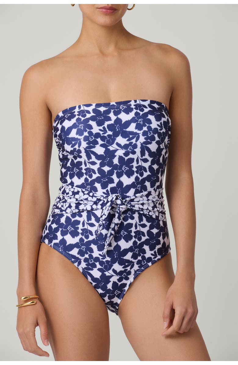 Shoshanna Stencil Floral Tie Belt Classic One-Piece, Alternate, color, Navy/Ivory