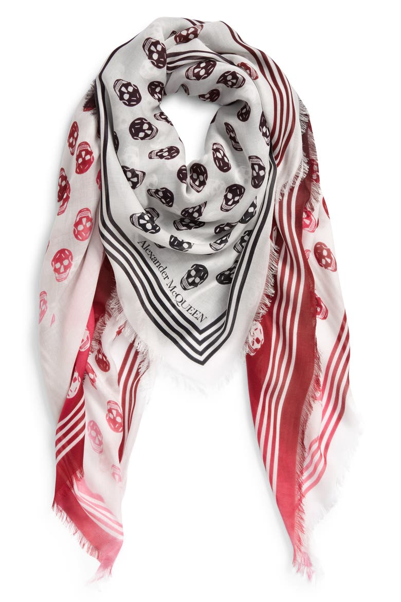 Alexander McQueen Skull Print Dip Dye Scarf, Main, color, IVORY/ BORDEAU