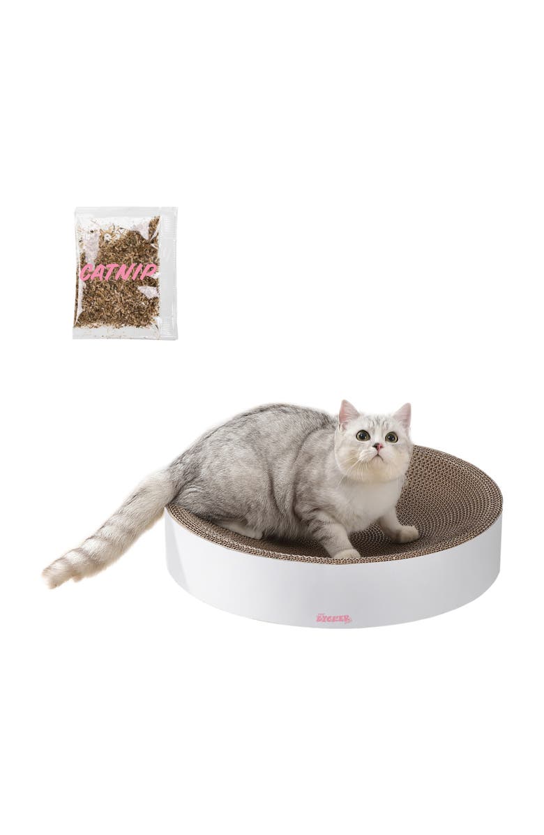 The Licker Store Nelson 20.13" Modern Cardboard Round Bowl Cat Scratcher with Catnip, Alternate, color, White