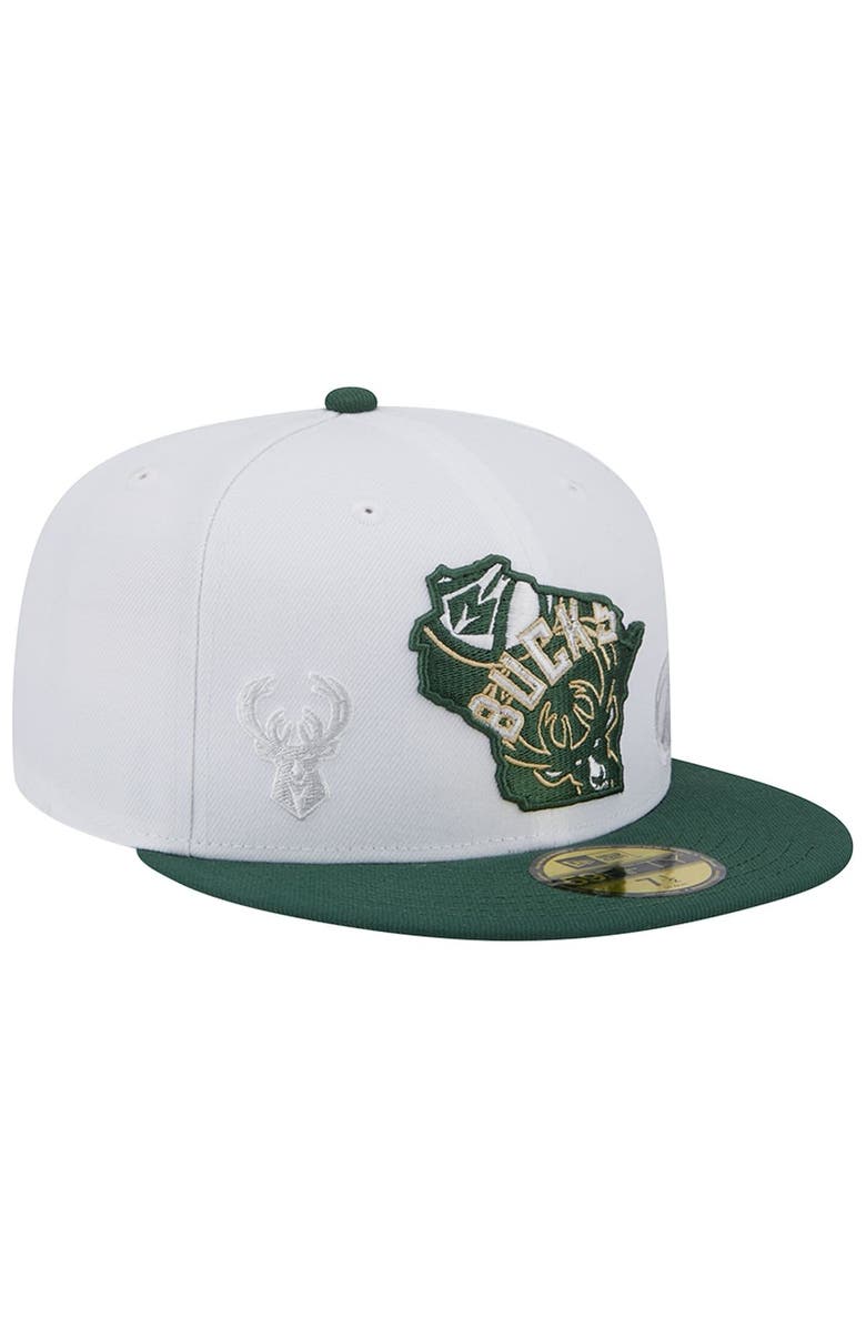 New Era Men's New Era White/Hunter Green Milwaukee Bucks State Pride 59FIFTY Fitted Hat, Alternate, color, 