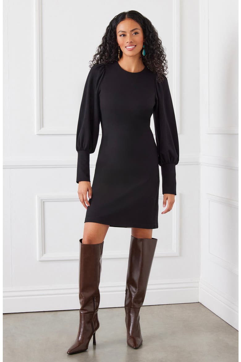 Long Sleeve Ponte Shift Dress, Alternate, color, BLACK