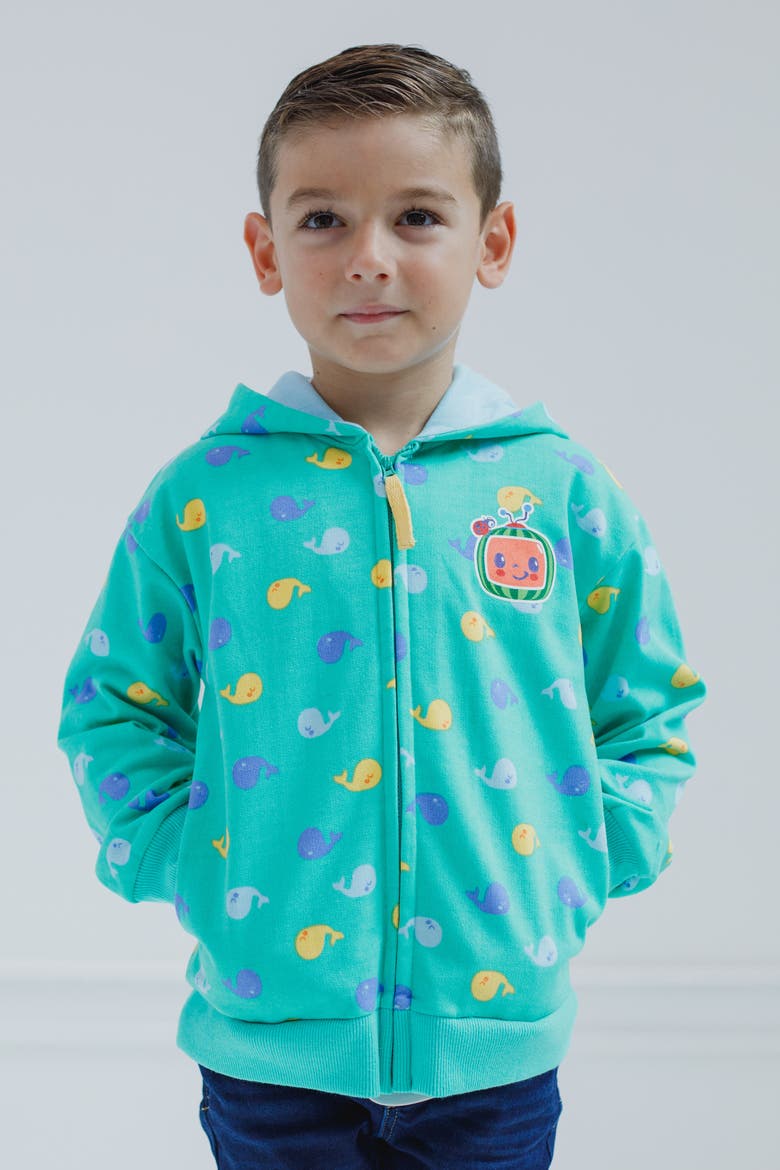 Boys' Fleece Zip-Up Hoodie, Alternate, color, Teal Whale Print
