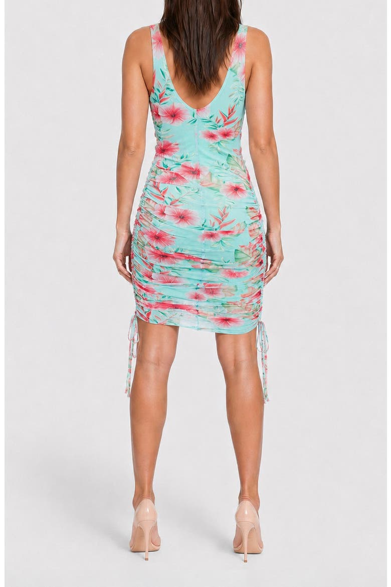Printed Mesh Sleeveless Shirred Minidress, Alternate, color, BLUE FLORAL