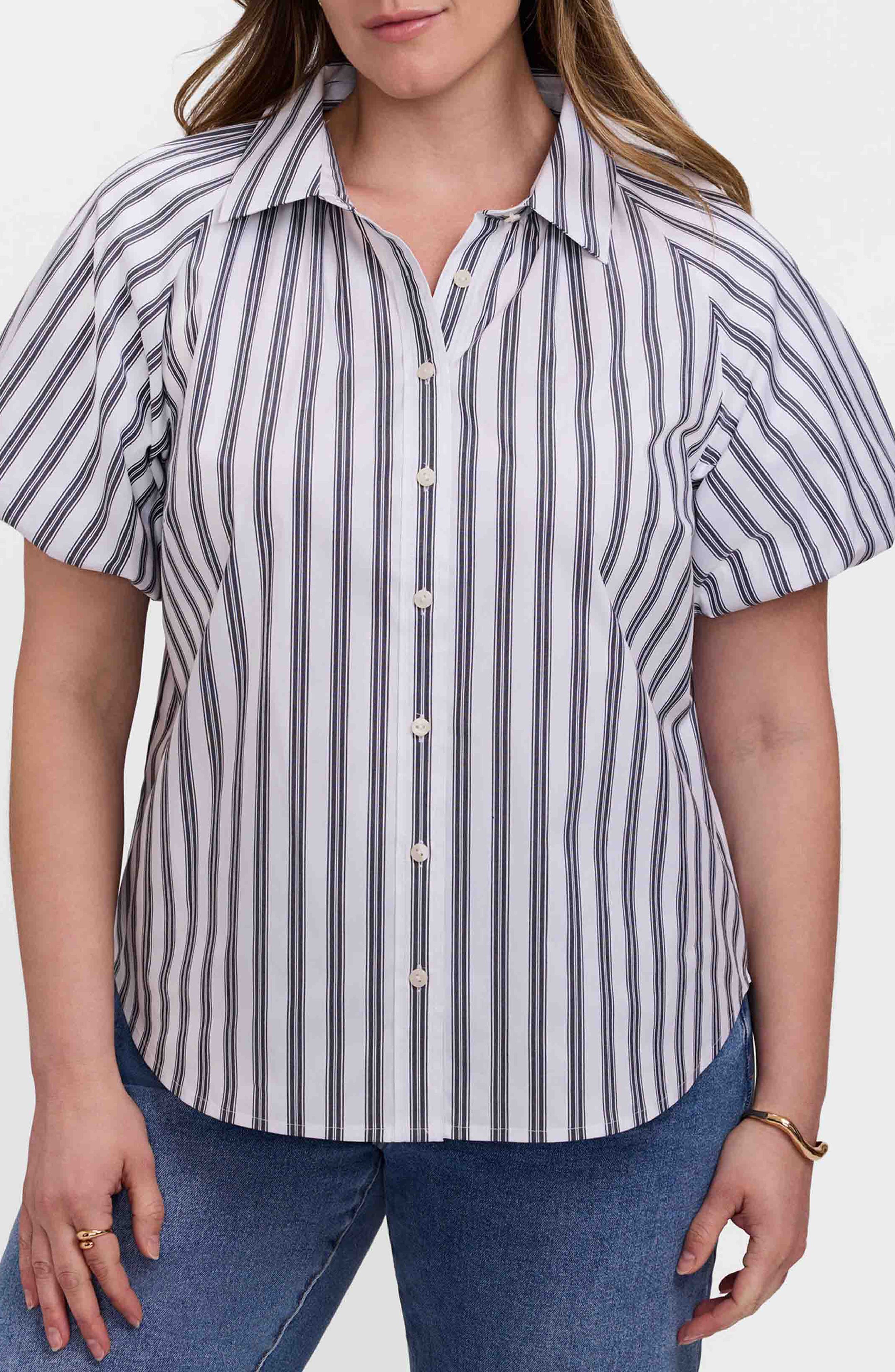 Paula Stripe Puff Sleeve Cotton Blend Button-Up Shirt