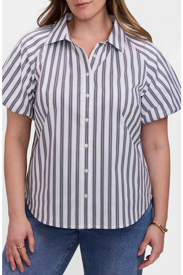 Paula Stripe Puff Sleeve Cotton Blend Button-Up Shirt, Main, color, BLACK/ WHITE