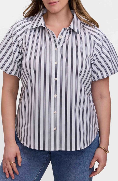 Paula Stripe Puff Sleeve Cotton Blend Button-Up Shirt (Plus)
