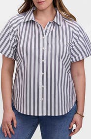 Foxcroft Paula Stripe Puff Sleeve Cotton Blend Button-Up Shirt