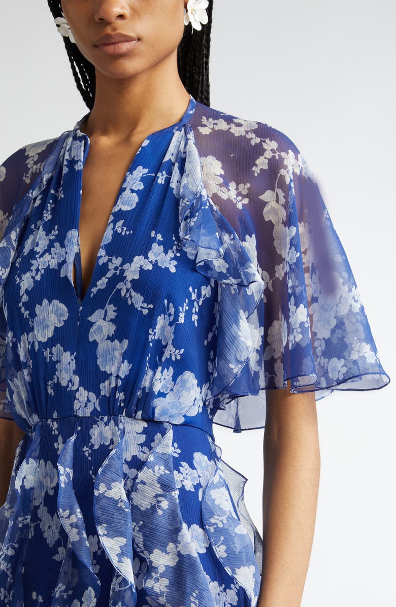 Carolina Herrera Floral Print Ruffle Silk Chiffon Midi Dress, Alternate, color, Nautilus Multi