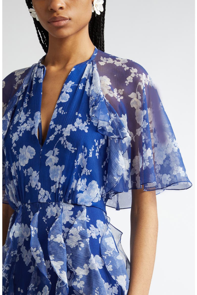 printed ruffle bib midi dress Printed V-Neck Ruffle Sleeve Midi Dress
