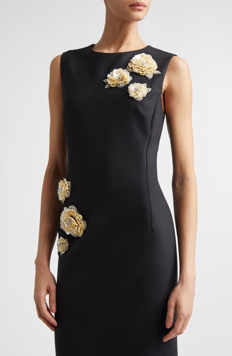 Oscar de la Renta Brooch Embroidered Sleeveless Cocktail Dress, Alternate, color, Black